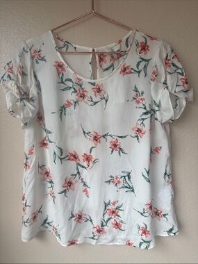 Joie White silk blouse with Coral Floral Print size large
